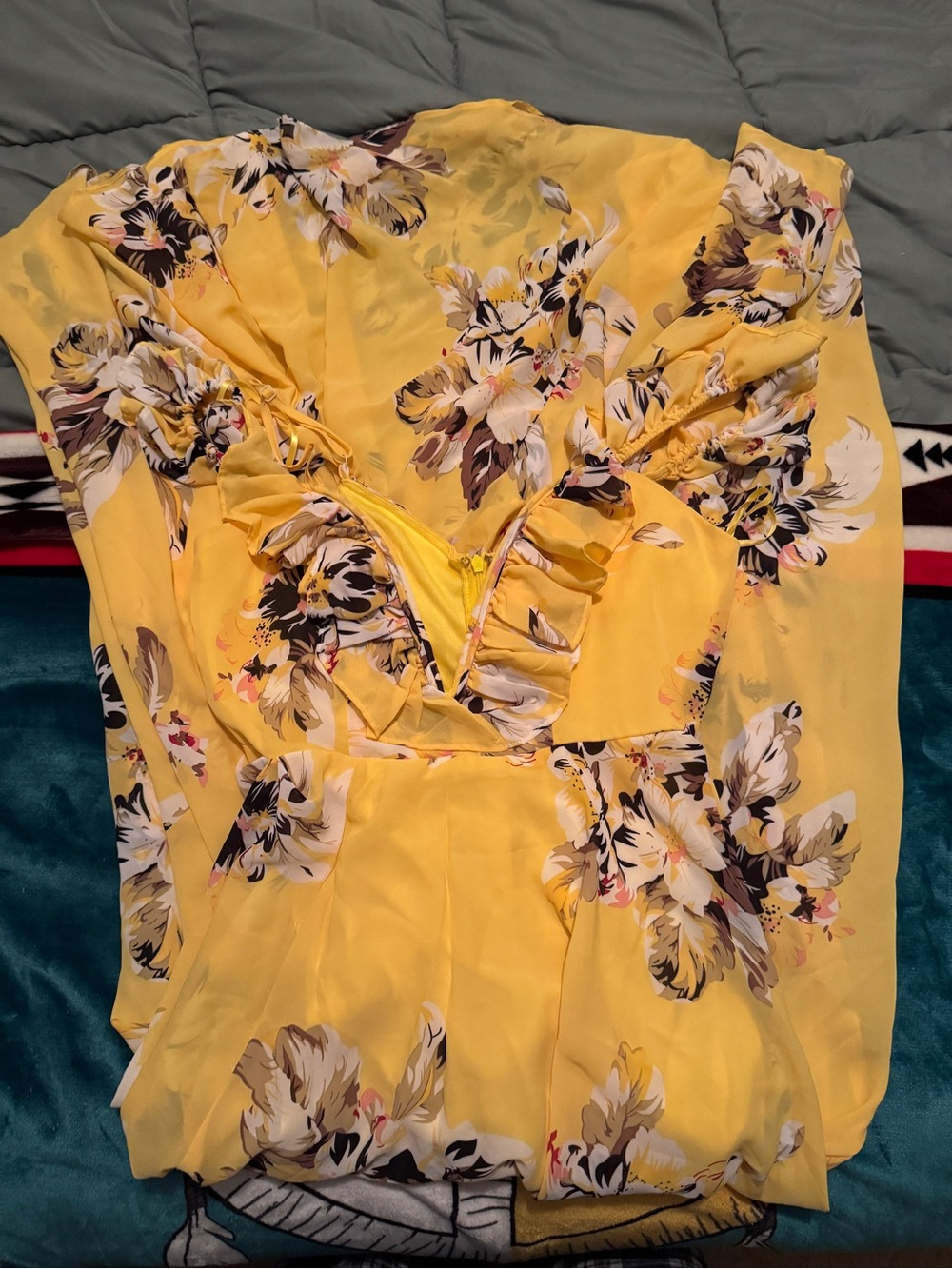 Fashion Nova Yellow Floral Ruffle Maxi Dress with V-Neck